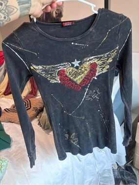 T Party Black Long Sleeve Tee with Gold Winged Heart and Red Roses